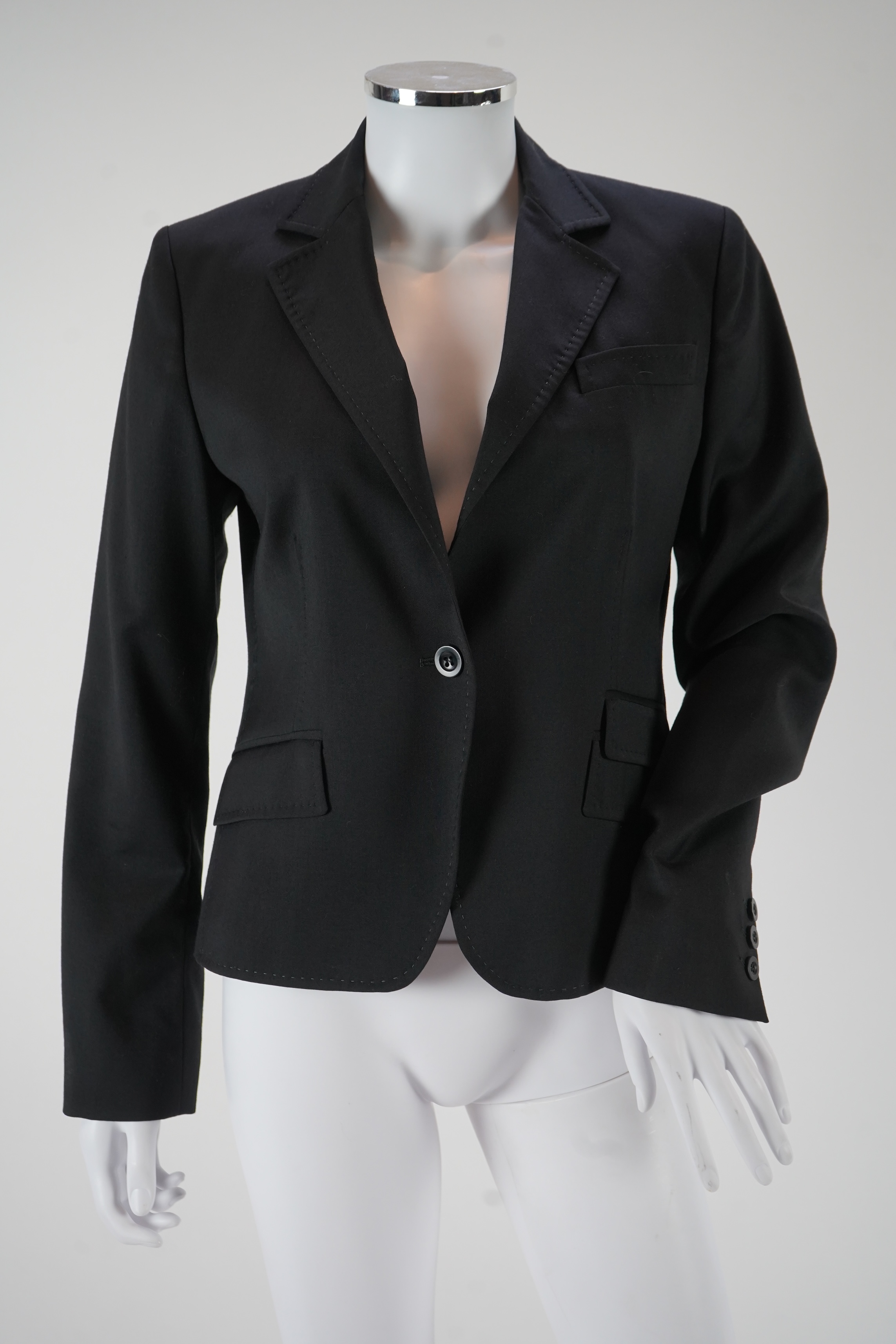 A black Paul Smith Black label black wool jacket lined with the signature stripe, EU 42